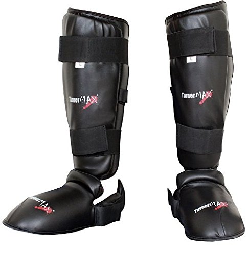 TurnerMAX espinilleras para Pierna y pie Protector Artes Marciales Kick Boxing Entrenamiento PVC aenergy con Zapatos Desmontables Negro pequeño
