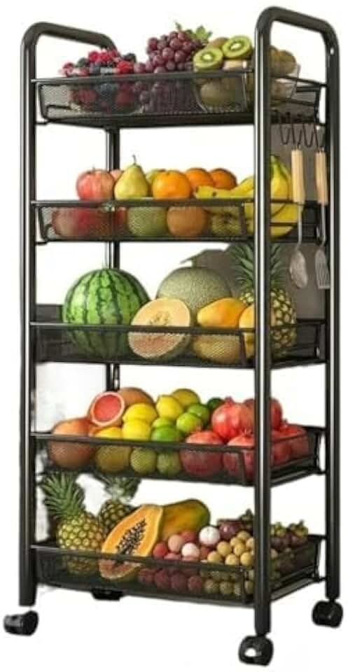 Estante de chão de 5 prateleiras com grande capacidade, com rodízios, estante multifuncional de aço inoxidável para frutas de cozinha(5 camadas-carga 50 kg)