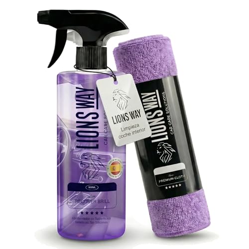 LionsWay: Limpiador de Salpicaderos Interior Coche 500ml + Bayeta | Limpia, Restaura y Perfuma (Aroma Floral) | Sin Silicona, Acabado Satinado Natural, Fórmula Antihuellas