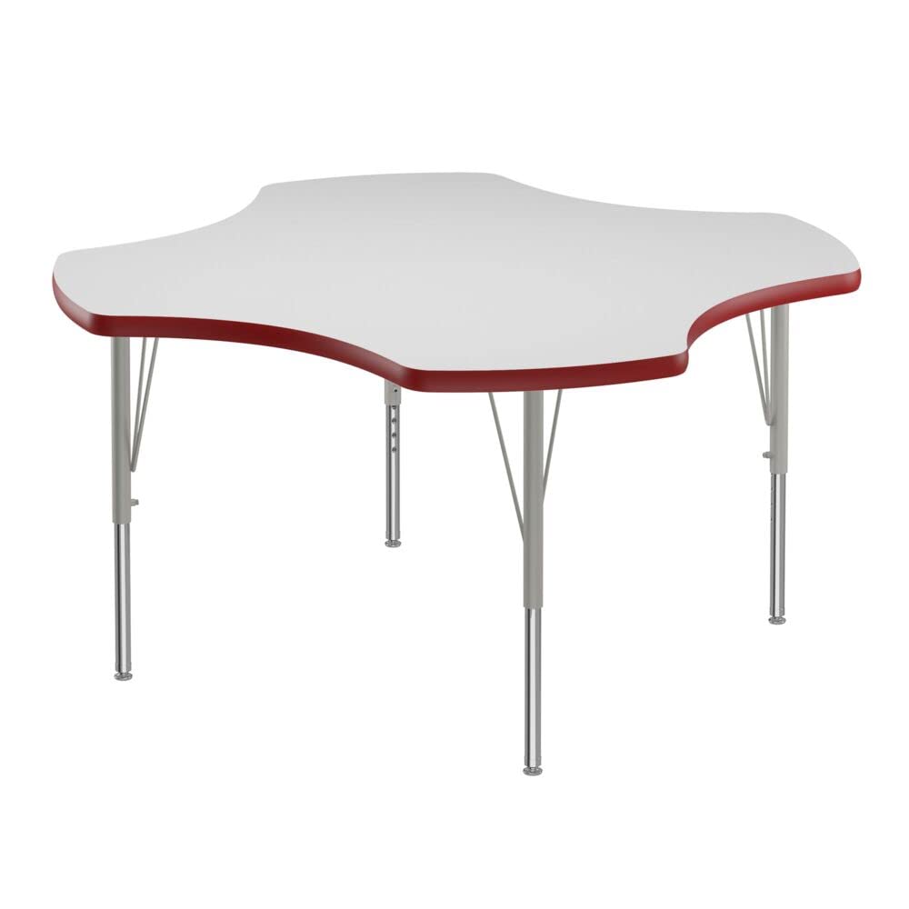 Correll 48" Clover Shaped Classroom Activity Table, Height Adjustable (19"-29") Markerboard/Dry Erase Durable High Pressure Top, Red Edge, Silver/Chrome Legs, School Furniture, Made in The USA ( Missing Legs)