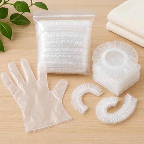 Image of Adbeni Disposable Transparent Gloves 100 Pcs & Shower Caps 50 Pcs | Waterproof, Latex-Free | For Hair Coloring, Food Handling, Cleaning, Bathing, Kitchen & Salon | One Size Fits Most