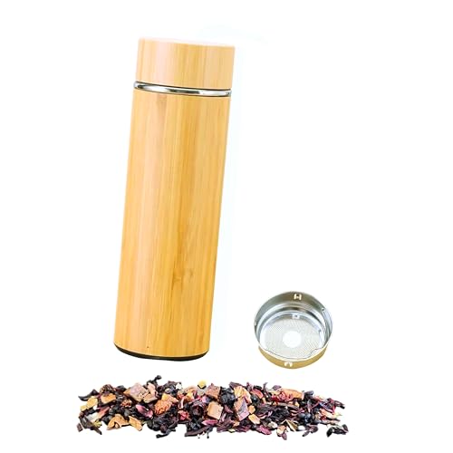 Ktchnhlprz Botella de té con colador, bambú, doble pared, acero inoxidable, infusor extraíble, hasta 6 horas de bebidas calientes y hasta 8 horas frías, termo