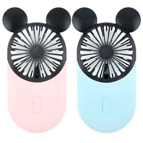 Kbinter Cute Mouse Personal Mini Fan Rechargeable Handheld USB Fan 3 Adjustable Wind Speeds and Wearable Design Portable Pocket Size for Travel/Outdoor/Vacation/Park Trip (Pink+Blue)