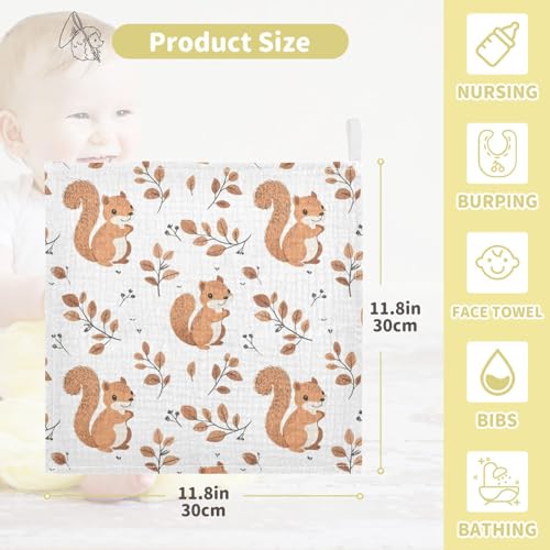 Image of vvfelixl Cute Squirrel with Tail Baby Burp Cloths Baby Muslin Washcloths for Boys Girls Cotton Babys Face Towel for Newborn Infants Soft and Absorbent 11.8 X 11.8 in, 5 Pack