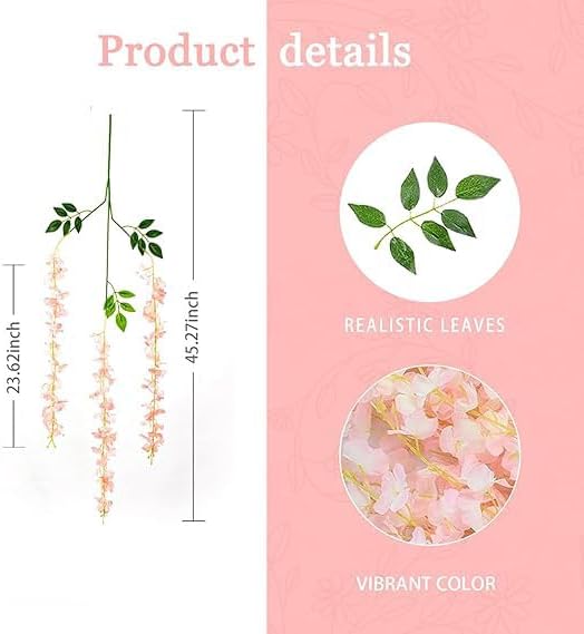 Light Pink Wisteria Vines, 12 Pack, 3.8 Feet, Outdoor, Hanging Garland with Multiple Plants