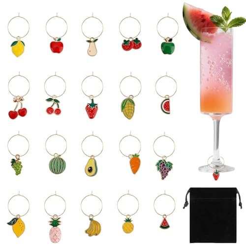 TeaATiCh 20Pcs Wine Glass Charms Funny & Unique Wine Charm Reusable Glass Charms for Drinks for Tasting Parties Fruit 20 Designs