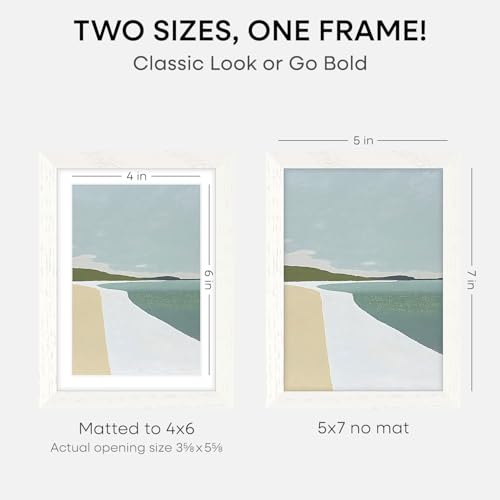 Image of Homeforia White Picture Frames 5x7, High End Oak 5x7 Wooden Frame with Mat 4x6 Art, 5 x 7 White Wood Frames Matted to 4 x 6 inch Photo, 7by5 Wall or Tabletop Frame, Tempered Glass, Wall Kit, Set of 2