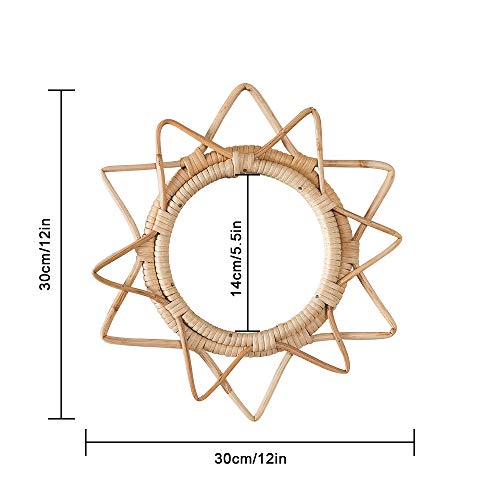 Madhu International Sunburst Rattan Mirror, Bohemian Hanging Glass Decor, Rustic Wicker Rattan Wall Decor With Mounted Frame For Living Room, Bed Room, Bathroom, Corridor, And Entryway, Diameter 12" #TOP1