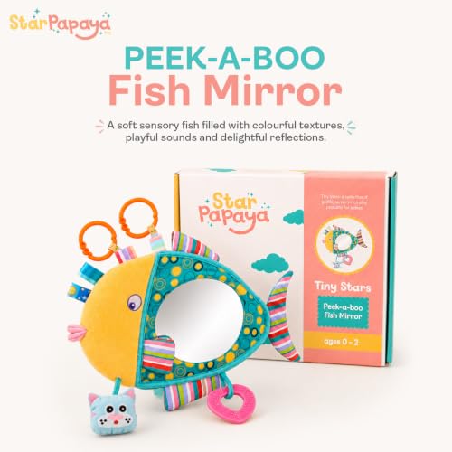 Image of Peek-a-Boo Fish Plush Stroller Toy with Baby-Safe Mirror | Colorful Hanging Sensory Rattle with C-Clip for Crib | Washable Interactive Tummy Time Soft | Pram & Car Seat Toys for Toddlers