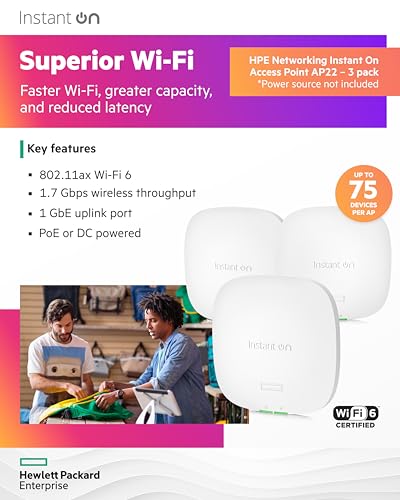 Image of HPE Networking Instant On Access Point AP22 2x2 WiFi 6 Indoor Wireless Access Point (3 Pack) | Long Range, Secure, Smart Mesh Support | Power Source Not Included | US Model (R4W01A-3PACK)