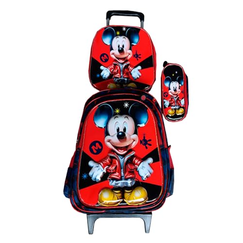 Kit Mochila Infantil com Rodinhas Para Meninos Desenho em 3D + Lancheira Térmica + Estojo Escolar