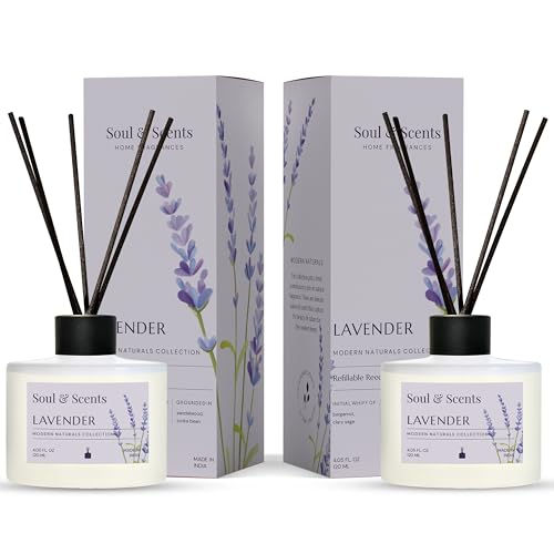 Image of Soul & Scents Lavender Reed Diffuser Set - 120ml with Free 6 Fiber Reed Sticks Each | Toxin Free & Stress Relief | Long Lasting | Smoke Less Room Freshener for Home, Bedroom & Office | Pack of 2