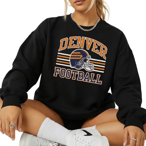 DAYLEA Distressed Denver Football Crewneck Sweatshirt Retro Vintage Style Cozy Game Day Pullover Top for Women