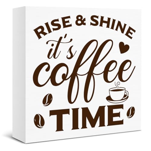 Coffee Bar Decor, Farmhouse Cafe Wooden Sign, Rise & Shine It's Coffee Time, Vintage Table Decor for Cafe Kitchen Counter Shelf Office 5 x 5 Inch