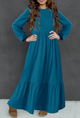 HOSIKA Girls Maxi Dress Lantern Long Sleeve Loose Flowy Tiered Casual Holiday Dresses with Pockets for 6-12 Y2
