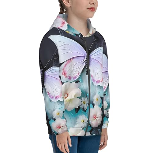 White Butterfly Print Girls Athletic Zip Up Hoodies,Sweatshirts with Pockets Long Sleeve Hooded Jackets, for 7-18 Y3