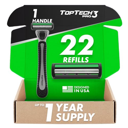 TopTech PRO 3 Razors for Men - Manual Shaving Razor & Replaceable Cartridges - 23 Count Pack (1 Handle + 22 Refills) - 3-Blades Technology - Sharp Blades - Razor Holder - Great Refill Price