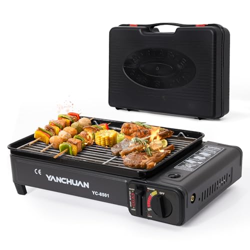 Warmiehomy Camping Stove Portable Butane Gas Stove Tabletop Gas Barbecue Stoves Grill Detachable Grill Dish & BBQ Net Outdoor/Indoor Camping Stoves with Carrying Case