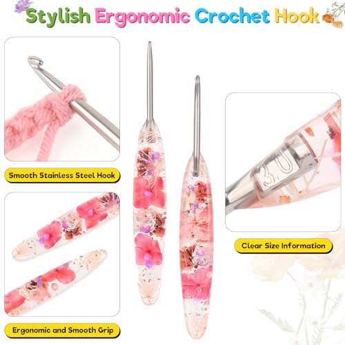 Image of Katech 3.0mm Crochet Hook for Arthritic Hands,Hand-Polished Stainless Steel | Ergonomic Crochet Hooks with Customized Sparkle Dried Floral Grip, Smooth Tapered Hook-Crochet Gift for Beginner & Crocheter