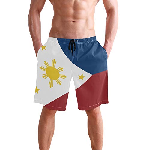 DerlonKaje Pinoy Filipino Flag Stars and Sun Swim Trunks Summer Beach Shorts Pockets Boardshorts Men Mesh Lining