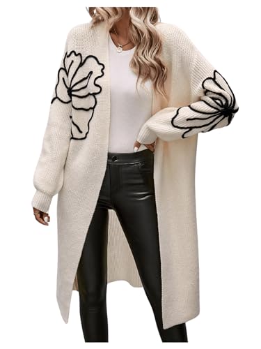 Verdusa Women's Floral Print Loose Open Front Long Knit Cardigan Casual Sweater Coats