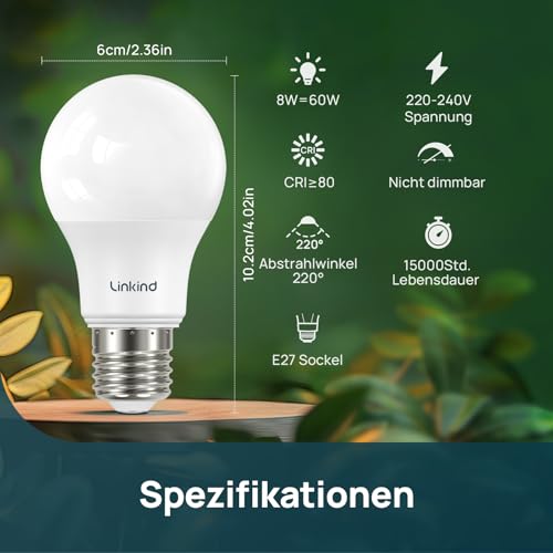 Linkind 8.2W E27 Energiesparlampe, ersetzt 60W Lampe, 2700K Warmweiß A60 Edison Birne, 220° Abstrahlwinkel, nicht Dimmbar… – Ansicht 2