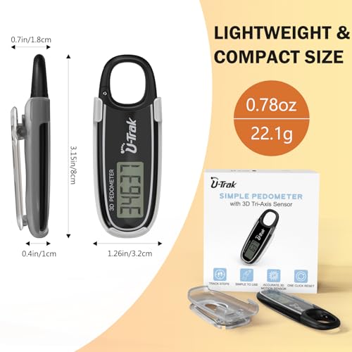 U-Trak 3D-Schrittzähler zum Gehen mit abnehmbarem Clip und Karabiner, einfacher Schrittzähler zum Gehen, präziser Clip-On-Schritt-Tracker für Männer, Frauen, Kinder (Schwarz)