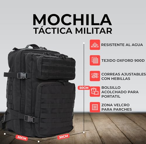 TROY HELMET BAGS Mochila táctica militar con porta casco para moto, patinete eléctrico, seguridad, patines, boxeo, escalada, bicicleta, esquí, snowboard, equitación. Bolsa crossfit gimnasio. (Negro) - imagen 2