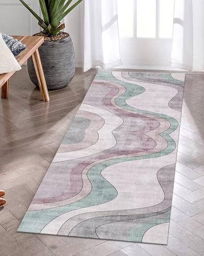 Tapis de couloir moderne abstrait rose vert gris design élégant 5m - 3