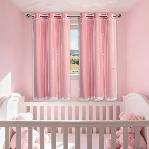 Image of Pink Curtains Drapes Blackout 60 Inches Long Cute Star Cutout Nursery Decor | Girls Room Darkening Curtain Double Layer Tulle Lace Sheer 2 Panels Kids Thermal Insulated Bedroom Window Treatments Cortinas