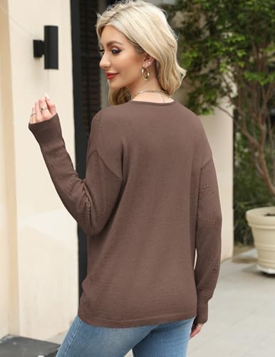 Image of Zeagoo Womens Sweaters Fall Trendy Casual Long Sleeve Shirt Lightweight V Neck Off Shoulder Crochet Pullover Top Outfit