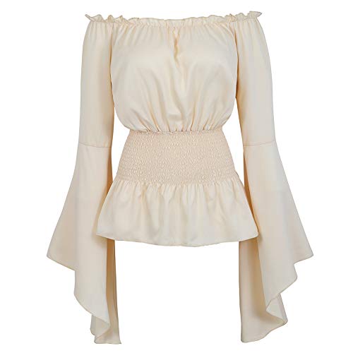 Womens Long Sleeve Off Shoulder Tops Renaissance Pirate Shirt Gothic Peasant Blouse Summer Smocked Top Beige, XS