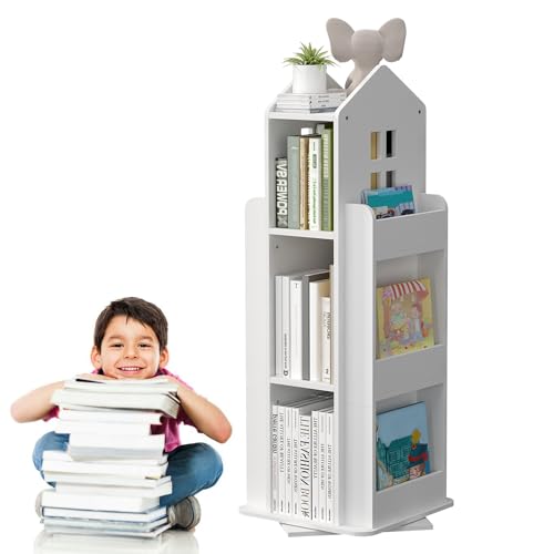 uyoyous Estantería giratoria para niños, color blanco, 360°, estantería infantil de 3 niveles, estantería de pie pequeña, estantería de almacenamiento, estantería para habitación de niños, salón,