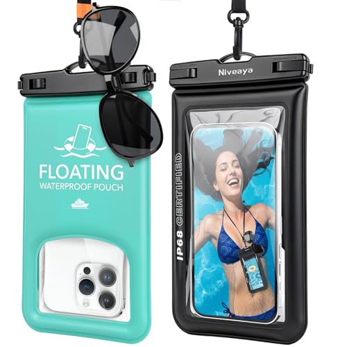 Niveaya Floating Waterproof Phone Pouch, IP68 Waterproof Phone Case with Lanyard for iPhone 17 16 15 Pro Max, Galaxy S25 24 Ultra, Cellphone Dry Bag Beach Cruise Essentials(up to 8.5"-2 Pack) by Niveaya - Used condition - US$11.21