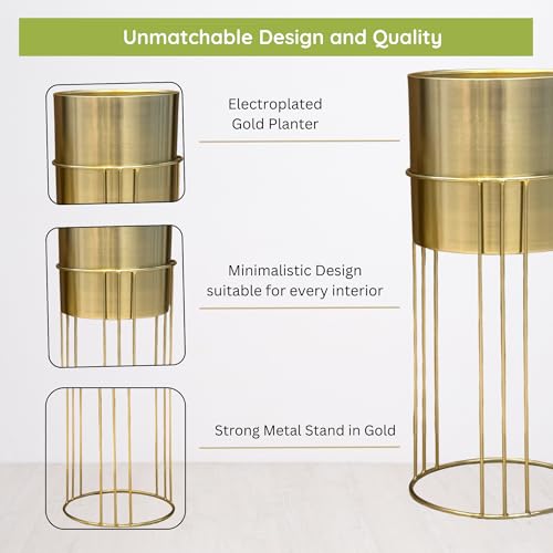 Image of Decorative Gold Metal Planters with Stand for Living Room | 24 inch & 19 inch (Height) x 10 inch & 9 inch (Diameter) | Modern Indoor Planters and Flower Pots Set of 2 (Gold)