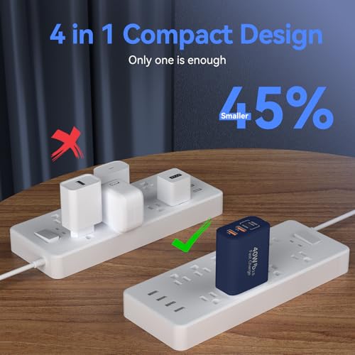 Image of USB C Wall Fast Charger Block, 40W 4-Port Type C Charger Fast Charging Blocks PD Power Charger Adapter+QC 3.0 USB Multiport Charger Brick for Phone 17 /16 /15 /14 /13 /12 Pro Max, Pad, GalaxyS25-Deep Blue