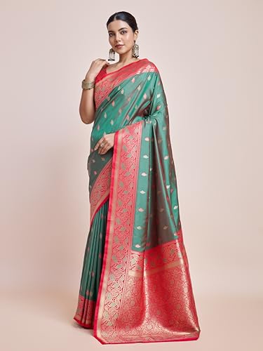 Image of Monjolika Fashion Women's Banarasi Silk Saree in Satin and traditional golden zari work comes with Unstitched Blouse Piece