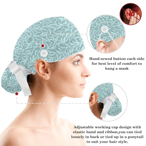 Gorro quirúrgico ajustable con botones y diseño hojas verdes miniatura 3