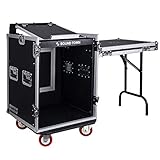 Sound Town 14U PA DJ Rack/Road ATA Case with 11U Slant Mixer Top, 20’’ Rackable Depth, DJ Work Table and Casters, 14 Space Size, Pro Tour Grade (STMR-14UWT)
