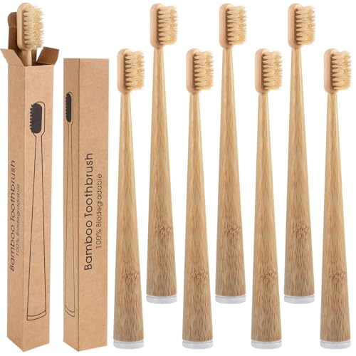 9 Pack Boar Bristle Bamboo Toothbrushes Natural Wooden Handle