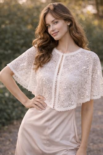 Image of Women White Lace Poncho with Pearl Work | Front Open Net Cape | Party & Shrug