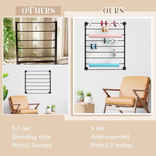 Image of Menkxi 9 Tier Wall Mounted Ribbon Organizer Metal Ribbon Holder Organizer Rack Wrapping Paper Storage for Sewing Craft Mesh Thread Tape Wreath Crochet Craft Room Flower Shop(Black)