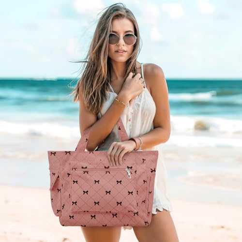 Image of Bow Tote Bag for Women Large Capacity Shoulder Bag with Pockets and Zipper Cute Coquette Bow Handbag for Work Travel Gym