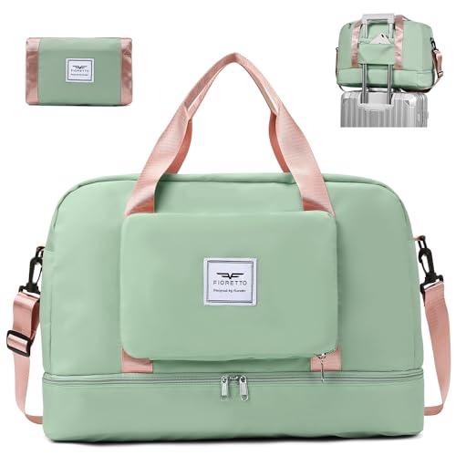 FIORETTO Foldable Weekend Bag Overnight Hospital Bag with Shoes Compartment & Wet Pocket Water Resistant Gym Duffle Bag for Travel Holdall for Women Men Green&Pink