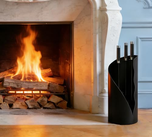 Calidola Set di attrezzi da camino con supporto, 3 pezzi, con manici ibridi in acciaio inossidabile e ferro, pala, spazzola e attizzatoio, finitura nera verniciata a polvere, altezza 52,5 cm