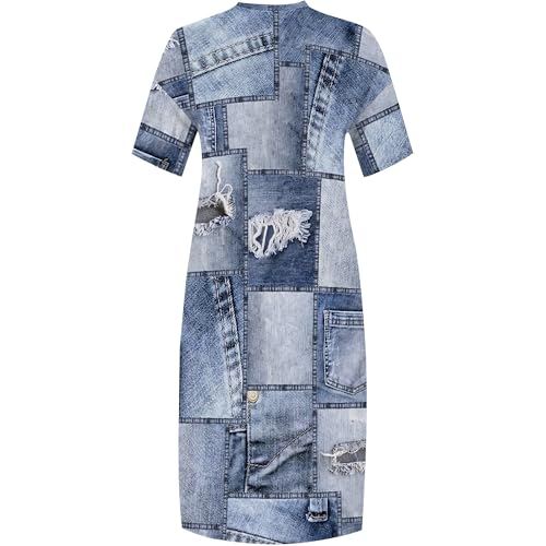 Image of SUZONANA Plus Size Denim Print Dresses for Women V Neck Short Sleeve Maxi Dress with Pockets Soft Jean Look Summer T Shirt Dress Western Casual Outfits 2XL