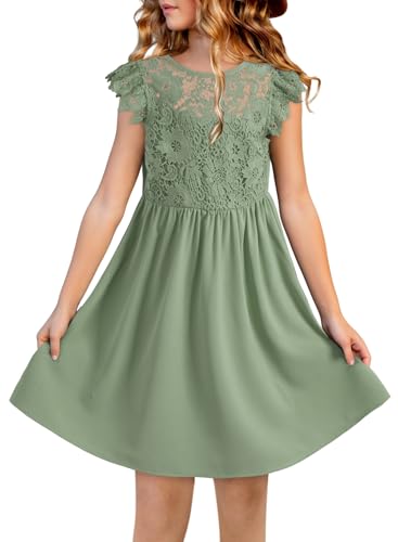 DOKOTOO KIDS Teen Girls Summer Dress Flower Girl Dressy Party Dress Wedding Guest Formal Lace Sleeveless Fashion Clothes Green Size 14 15 16 Years Old