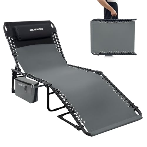 Sonnenliege Campingliege Klappbar 5-Stufig Verstellbarer Rückenlehne Outdoor Gartenliege Strandliege Campingbett Klappbett mit Abnehmbaren Kühltasche Kissen 190x59CM Grau
