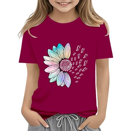 Girls Loose Fit Sunflower Graphic T Shirts Short Sleeve Crewneck Cute Pattern Printed Tops Kids (A-Wine, 6-7 Years)