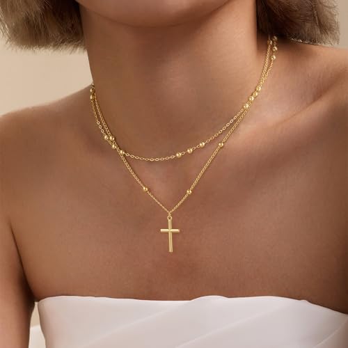 Cross Necklace for Women Dainty 14K Real Silver Gold Plated Layered Cross Pendant Necklace Stack Simple Trendy Cute Charm Choker Necklaces Jewelry Gift for Women Teen Her2